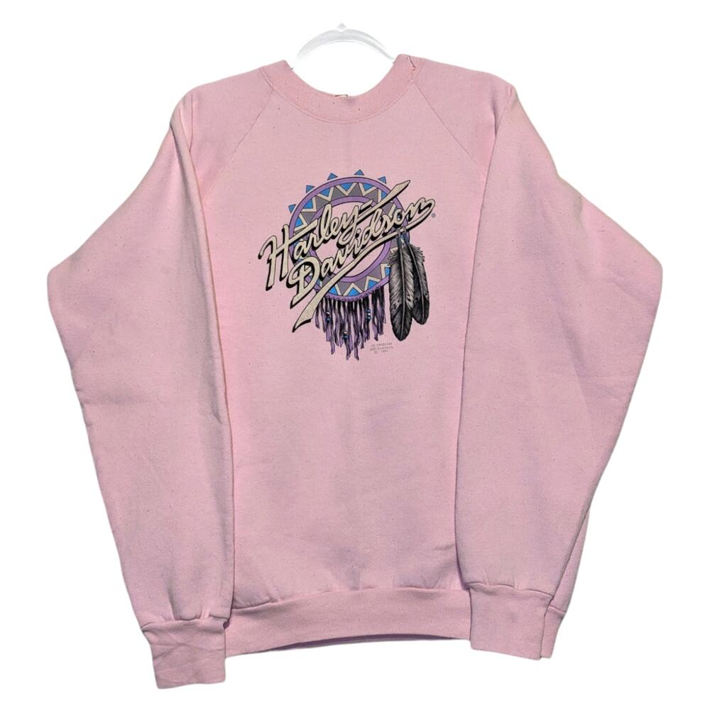 1991 Harley Davidson Pink 3D Emblem Dream Catcher Crewneck Sweatshirt